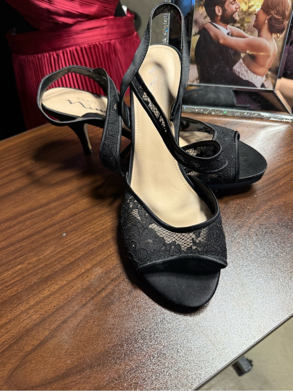 Nina Black Lace Open-Toe Slingback Heels